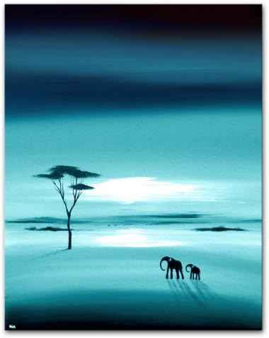 SCA ART African Landscape Original Canvas Painting Elephants Wall Art - In Teal, Sarah Featherstone