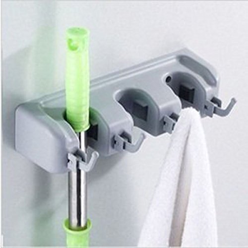WINOMO Wandmontierte 3 Position 4 Haken Badezimmer Mop Besen Rack (Grau) - 2