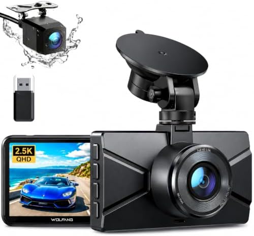 WOLFANG 2.5K Doppia Dash Cam Auto, Dash Camera IPS 3" con Grandangolo, 1440P+1080P FHD Telecamera, Visione Notturna,G-Sensor, WDR, Monitor di Parcheggio, Registrazione in Loop