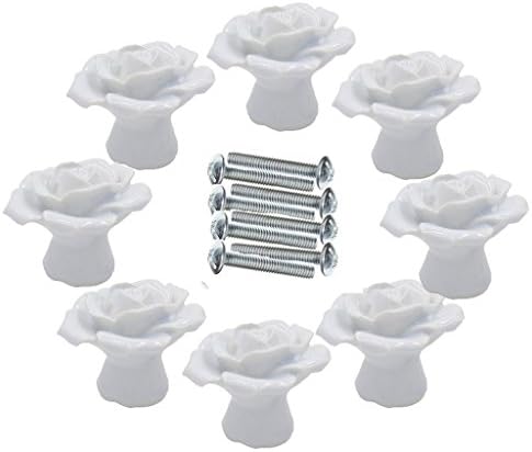 Oderola 8PCS Ceramic Vintage Floral Rose Flower Door Knobs Drawer Handles Pulls for Kitchen Cupboard Cabinet Closet Furniture w/ Screws White