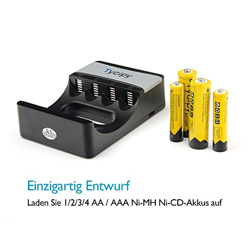 Tycipy LED Akku Ladegerät für Ni-MH/Ni-CD AA/AAA Akkus, Universal Akkuladegerät für 800mAh 5V 4 AA/AAA Batterien mit mit LED-Anzeige Schwarz - 5