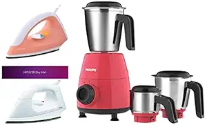 PHILIPS HL7505/02 500W Mixer Grinder, Red & GC097/50 750-Watt Dry Iron (Peach) & Plastic Body Ptfe Coating Dry Iron