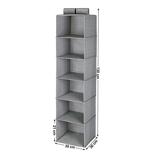 Songmics Hänge-Aufbewahrung mit 2 Klettband 30 x 130 x 30 cm Hängeregal Organizer für Kleiderschrank 6 Regalfächer + 2 Klammern grau RCH06G - 5