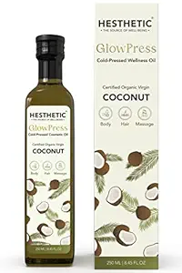 Hesthetic GlowPress Skin Care Coconut Oil 250 ML | Cold Pressed Extra Virgin Coconut Oil | Made with Certified Organic Desiccated Coconut | UV Protected Glass Bottle | Used for Consumption, Healing Wounds and, Hydrate Skin