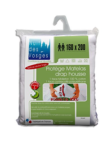 Nuit des Vosges Arnaud Protège Matelas Drap Housse Imperméable avec Bonnets Extra-Larges 40 cm Coton Blanc 200 x 160 cm