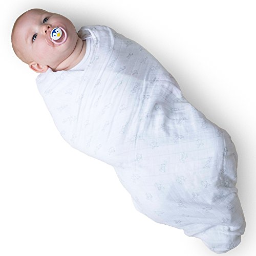 Emma & Noah Baby Pucktuch, kuschelig weich und beruhigend für Schreibabys, 120 x 120 cm, 100% Baumwolle, Weiß mit Hasen-Motiv, ideal als Puckdecke, Swaddle Blanket, Wickeltuch, Puckhilfe, Swaddle Wrap