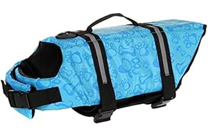 IZEFIA Gilet de Sauvetage pour Chien Manteau de Sécurité La Natation Gilet de Sauvetage pour Flottaison avec Poignée pour Petit Chien Grand Chien Os Bleu XS