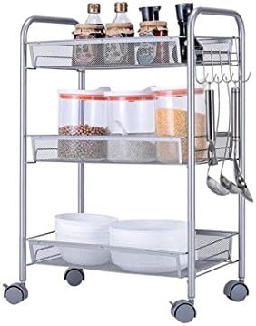 FLM Wheeled Shelves SLZDC02 - 3 Tire Heavy Duty Wire Mesh Rolling Cart for Serving Utility Organization,Silver