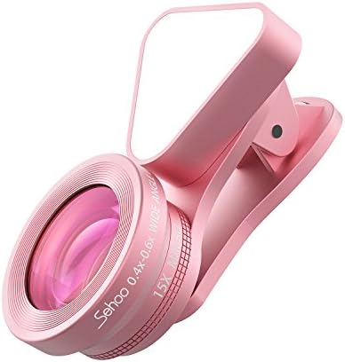SEHOO 3 in 1 Lens, Fill Light, 140 Degree Wide Angle, 15X Macro Lens Clip-on Cell Phone Camera Lenses Kit for iPhone Samsung, Android Smartphones (Rose Gold)