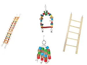 KSK Bird Ladder and Hanging chewable Wooden Bird Toys for Budgies,Cockatiel,Finches,Kannur Birds- Made with Wood- 4 Piece