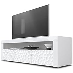 Vladon Meuble TV Bas Valencia, Corps en Blanc Mat/Façades en Blanc Haute Brillance Calypso avec Une Structure 3D fraisée et Bandeaux en Blanc Haute Brillance