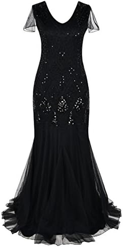 Kayamiya Women 1920s Long Prom Gown Sleeves Sequin Formal Evening Dress M Black