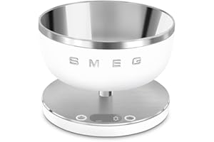 Smeg, Bilancia da Cucina Digitale KSC01WHMWW, Ciotola in Acciao Inox Removibile, Quattro Unità di Misura g/ml e lb.oz/fl.oz, con Funzione Tara, Portata Massima 5kg, Bianco