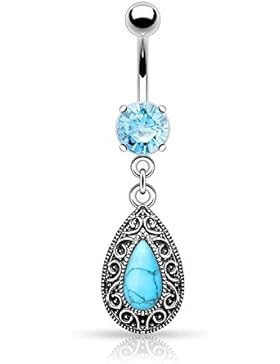 Paula & Fritz® Bauchnabelpiercing aus Edelstahl Chirurgenstahl 316L Zirkonia Farblos. Aqua Anhänger Vintage Träne...