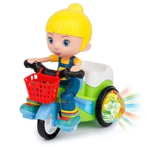 Zest 4 Toyz battery operated stunt tricycle bump and go dancing toy with 4D lights for kids (stunt tricycle girl)- Multicolour