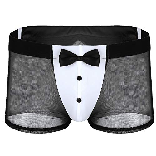 iixpin Caleçon Boxer Homme Slip String Transparent Sexy Cosplay Majordome Serveur Waiter Jeu de Rôle sous-vêtement Erotique en Maille Déguisement Carnaval M-XXL Noir Large
