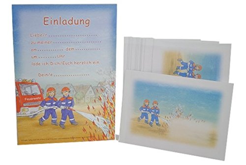 24 tlg. Set Einladungskarten + Umschlag Feuerwehr Auto Party Einladung Karte Jungen Autos Feuer rot