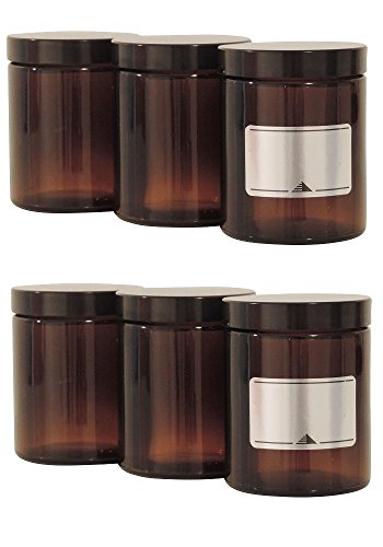 Viva Haushaltswaren #39519# 6 Glastiegel 180 ml / Salbentiegel / Cremetiegel / Glasdosen / Gewürzgläser aus Braunglas inklusiv Beschriftungsetiketten, braun, 6.6 x 6.6 x 8.1 cm - 2