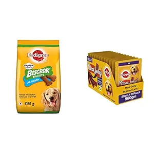 Pedigree Biscrok Biscuits Dog Treat (Above 4 Months) Chicken Flavour, 500g Pack & Meat Jerky Adult Dog Treat, Roasted Lamb, 12 Packs (12 x 80g)