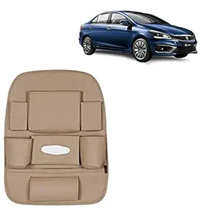 RD Universal PU Leather Car Auto Seat Back Organizer Multi Pocket Travel Storage Bag with Hangers, Tissue Paper and Bottle Holder-Beige Colour Compatible for Maruti Suzuki Ciaz