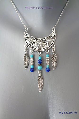 Feathers necklace stainless steel chain, genuine lapis lazuli 6mm, howlite turquoise, indian, ethnic, afro