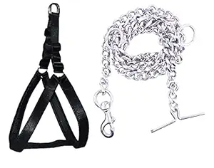 PSK PET MART Nylon Soft Padded 1 inch Chest Belt Harness with 8 no. Chain Heavy Hook for Medium Dogs Combo Leash Chain + Harness (Black)