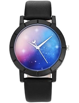 JSDDE Uhren,Geheimnisvoll Sternenhimmel Bunt Universum Armbanduhr Mond Uhrzeiger Schwarz Lederband Analog Qaurz...