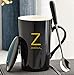 Produktbild Kreative Nachnamen Alphabet Keramik Tasse Mark Tasse Mit Deckel Löffel Kaffee Milch Tasse Buchstabe Z Schwarz 12,5 * 8,5 cm 450 Ml