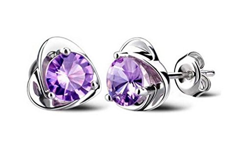 BoowholLadies' Fashion Jewelry 925 Sterling Silver Heart-shaped Inlay Sparkling Amethyst Hypoallergenic Stud Earrings