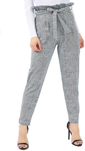 MISSI LONDON New Womens Ladies Tartan Checked Print Pocket Stretch Pants Ladies Belted Trousers (12)