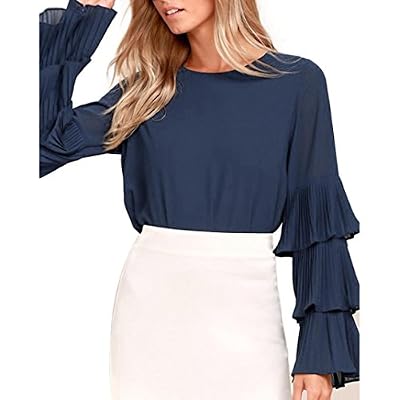 Reaso-Chemisiers Reaso Retro Tunique Col Rond Femme Vintage Longues Manche à cloche Chemise Loose T-shirt Polka Dot Tee Shirt Ladies Casual Blouse Chic Tops (S, Bleu)