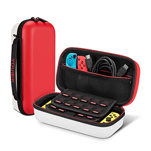 Funda para Nintendo Switch  younik Versión Mejorada Viaje rígida Case con más Espacio de Almacenamiento para 19 Juegos, Protector Pantalla - Rojo & Blanco
