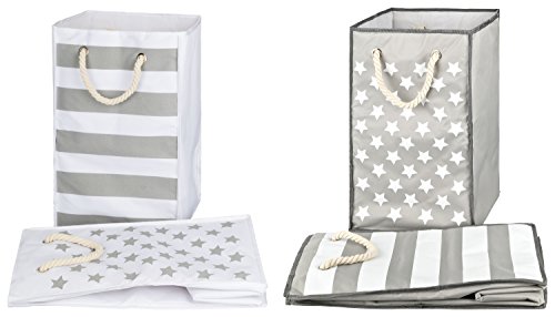 TOPP4u Wäschekorb, laundry basket, weiß - grau 2er Set, 4 tolle Designs, Vintage, 45 Ltr je Wäschesammler, faltbarer Wäschesack, 30x30x50 cm, langlebige und praktische Wäschebeutel