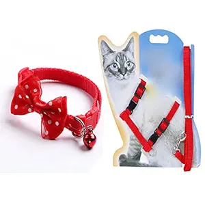 PetFun 1Pc Cat Collars with Bow Tie and Bell 1Pc Cat Body Harness Leash Nylon Set 10mm Adjustable Puppy Kitten Or Certain Puppies Necktie Collar, Pack of 2 (Color May Vary)