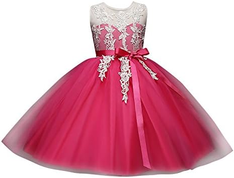 Judesuper Newborn Girls Wedding Party Dress,Lace Flower Tulle Sleeveless Skirt,Girls Embroidered Embroidery Halter Zipper Dress Tutu Princess Skirt(2-3 Years Old,Hot Pink)