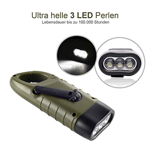 Dynamo Taschenlampe Handkurbel & Solar Notfall-Taschenlampe mit Karabiner Clip für Outdoor Camping Klettern Wandern - 4