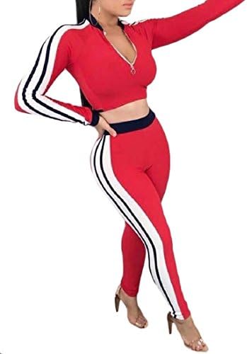 Doufine Women 2PCS Splice Casual Long Sleeve Shirt and Pant Tracksuit Red XS