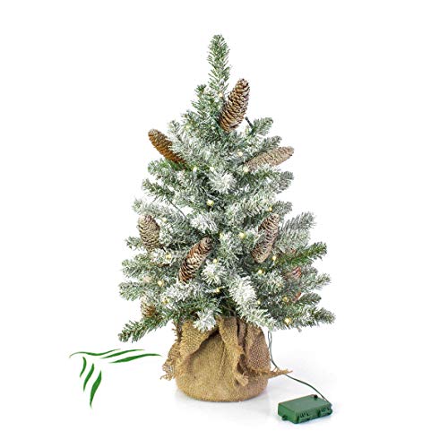 artplants.de Mini árbol de Navidad Artificial Viena, LED, Saco de Yute, nevado, 60cm, Ø 40cm - árbol sintético - Planta Artificial