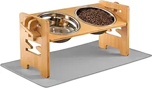 6 Heights - VALUCKEE Elevated Dog Bowls, Adjustable Raised Dog Bowls for Small Dog and Cat, Raised Dog Dish, Solid Bamboo Dog Food Water Bowl,Stand Feeder with 2 Stainless Steel Bowls and Feeding Mat