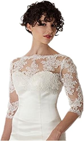 Meibida Women's 3/4 Sleeves White Ivory Lace Bridal Jacket Evening Bolero Shrugs Wraps For Party Prom Wedding Accessory