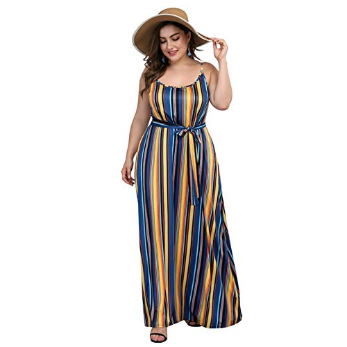 YYINHUI Robe Femme sans Manche Sexy bohme Vintage Cocktail Col Rond Vrac Robes des Femmes plissés Occasionnels Robe D'été Rayé Longue Maxi Soirée Robes de plageXXL