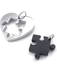 KONOV Joyería 2pcs Collar Amistad con Colgante de Hombre Mujer, 45cm & 55cm Cadena, Corazón Rompecabezas, Parejas, Amor Love, Regalo del día de San Valentín, Acero inoxidable, negro plata