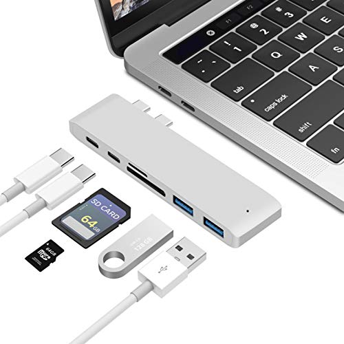 Adaptador de buje USB-C para MacBook Pro 2016/2017/2018 y Aire 2018, Puerto Thunderbolt 3 de Letscom, Lector de Tarjetas TF/SD, TB3, USB-C, 2 USB 3.0, diseñado para MacBook, Color Plateado