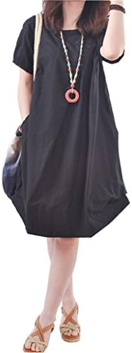 Mineroad Women's Knee Length Short Sleeve Round Neck Loose Simple Cotton Linen Casual Summer Dress