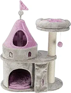 TRIXIE My Kitty Darling Castle Condo, Scratching Post, Cat Tree, Pom Pom, Crinkle Toy | Gray