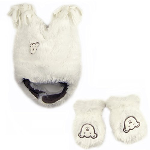 Hey Hey Twenty Baby Fur Fleece Trapper Hat/ Mittens Set, Colour : White / Brown Fleece Lining, Size - 48cm, 12 - 18 Months