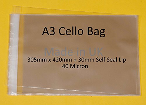 Pack of 1000 - A3 - Cellophane Artist Display Bags Self Seal - Cello Size 305mm x 420mm + 30mm Flap - 40 Micron