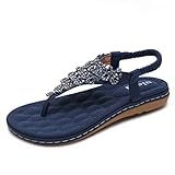  Sandalen Damen Sommer Flip Flops Bohemian Flach Zehentrenner mit Strass, Blau, 39 EU