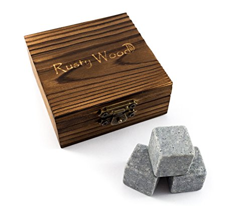 Whisky Steine von Rusty Wood, 6 wiederverwendbare Eiswürfel aus Stein mit hygienischem Samtsäckchen, mit rustikalem Holzkästchen perfekt als Geschenk – reusable Whiskey Rocks - 4