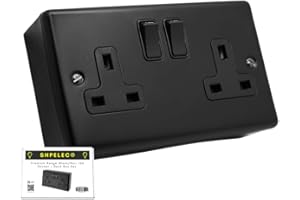 SHPELEC SH|P® Matt Black Round Edge Range 13A Metal Double Socket with 29mm Bakelite Surface Mount Back Box Electrical Wall Plug Socket- Modern Design, Easy Installation (2 Gang Socket + Back Box)